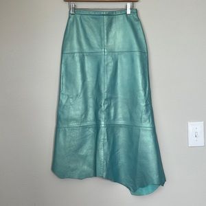 IRIDESCENT TURQUOISE GREEN LEATHER ASYMMETRIC HEM MIDISKIRT - 24 HRS ONLY